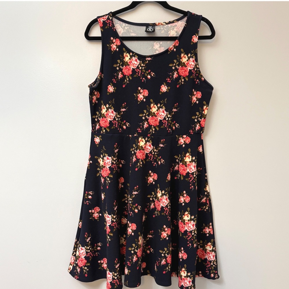AGNES & DORA‎ Navy Floral Skater Dress w/ Pockets Women's XL